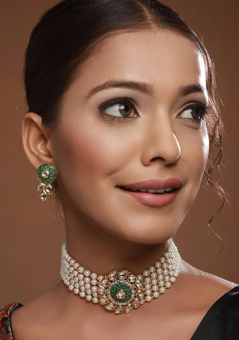 Gold Plated Kundan Studded And Beaded Meenakari Necklace And Earrings