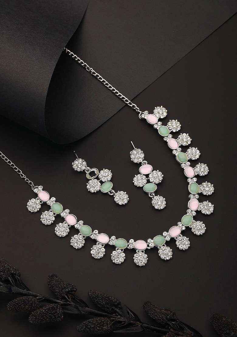 Rhodium Plated American Diamond Studded Jewellery Set - Indya