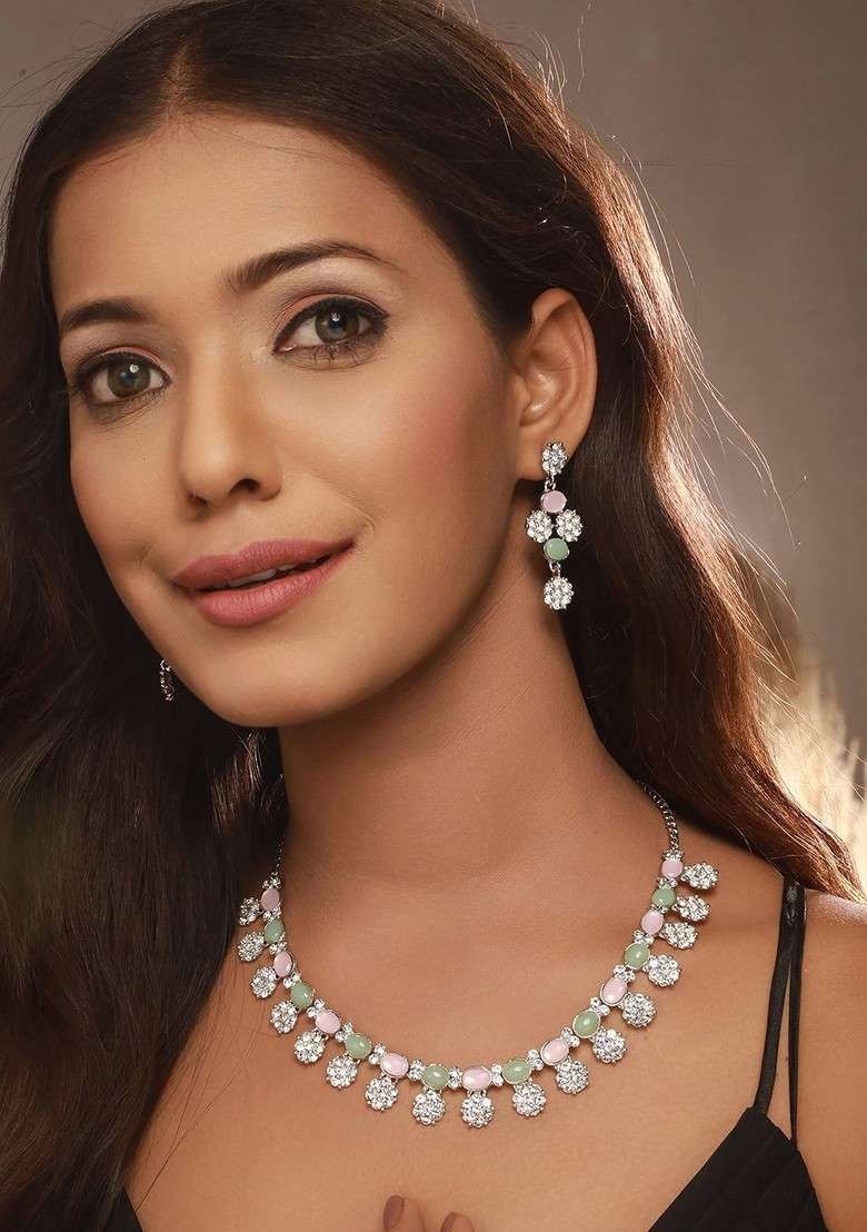 Rhodium Plated American Diamond Studded Jewellery Set - Indya