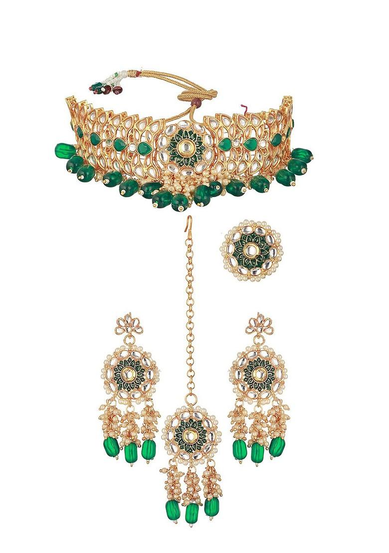 Gold Plated Kundan Studded And Beaded Jewellery Set