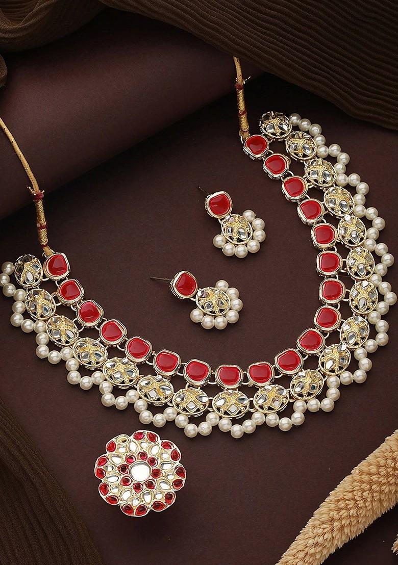 Gold Plated Kundan Studded And Beaded Jewellery Set