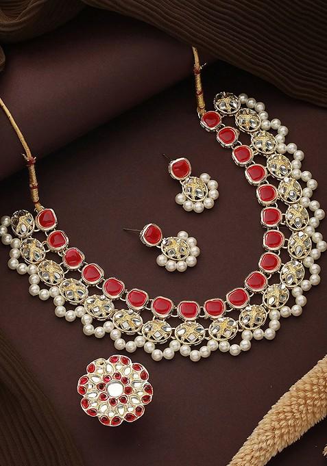 Gold Plated Kundan Studded And Beaded Jewellery Set