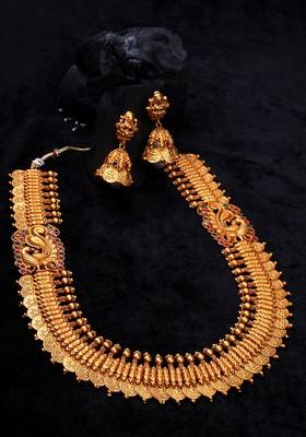 Gold Plated Green And Pink Stones Studded Temple Jewellery Set