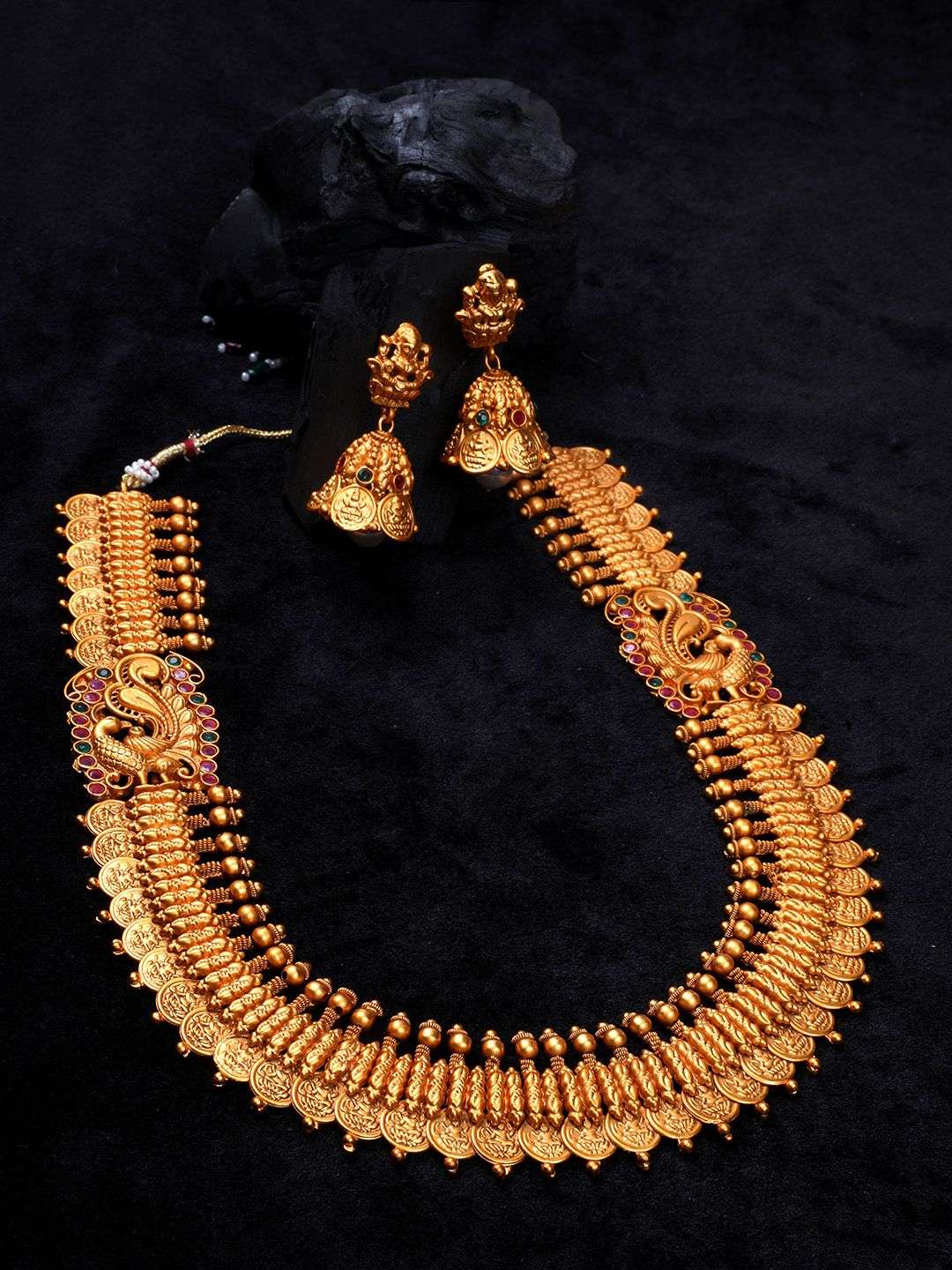 Gold Plated Green And Pink Stones Studded Temple Jewellery Set - Indya