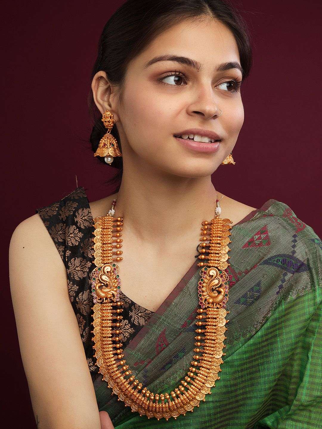 Gold Plated Green And Pink Stones Studded Temple Jewellery Set - Indya