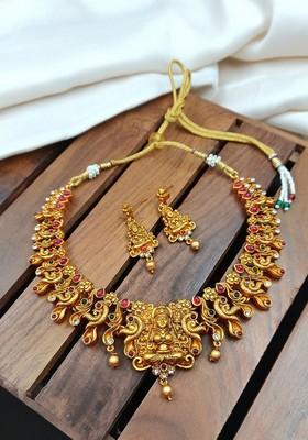 Gold Plated Green And Pink Stone Studded Temple Jewellery Set