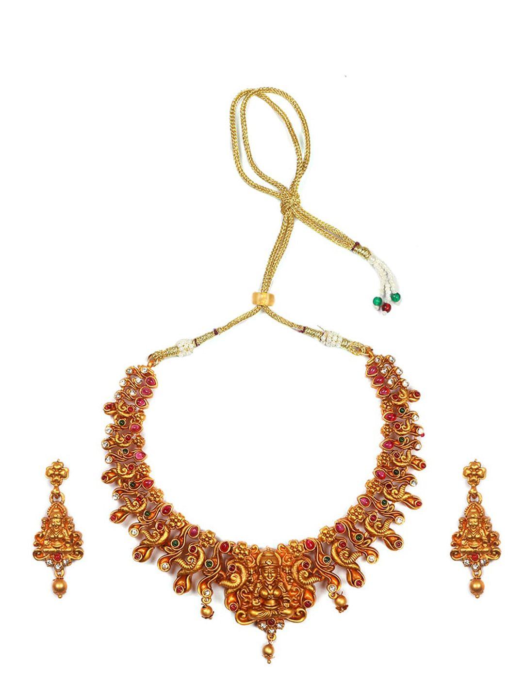 Gold Plated Green And Pink Stone Studded Temple Jewellery Set