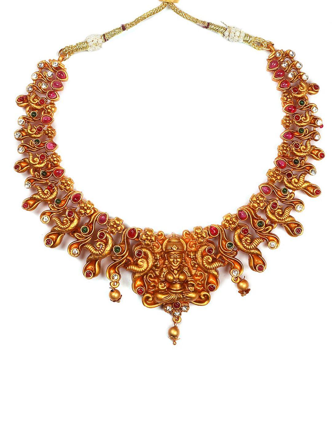 Gold Plated Green And Pink Stone Studded Temple Jewellery Set