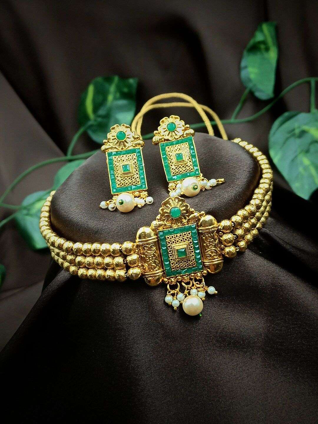 Gold Plated Green Stone Studded And Beaded Jewellery Set - Indya