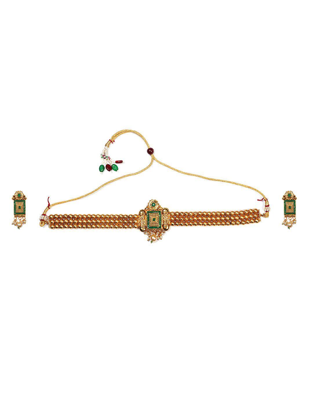 Gold Plated Green Stone Studded And Beaded Jewellery Set
