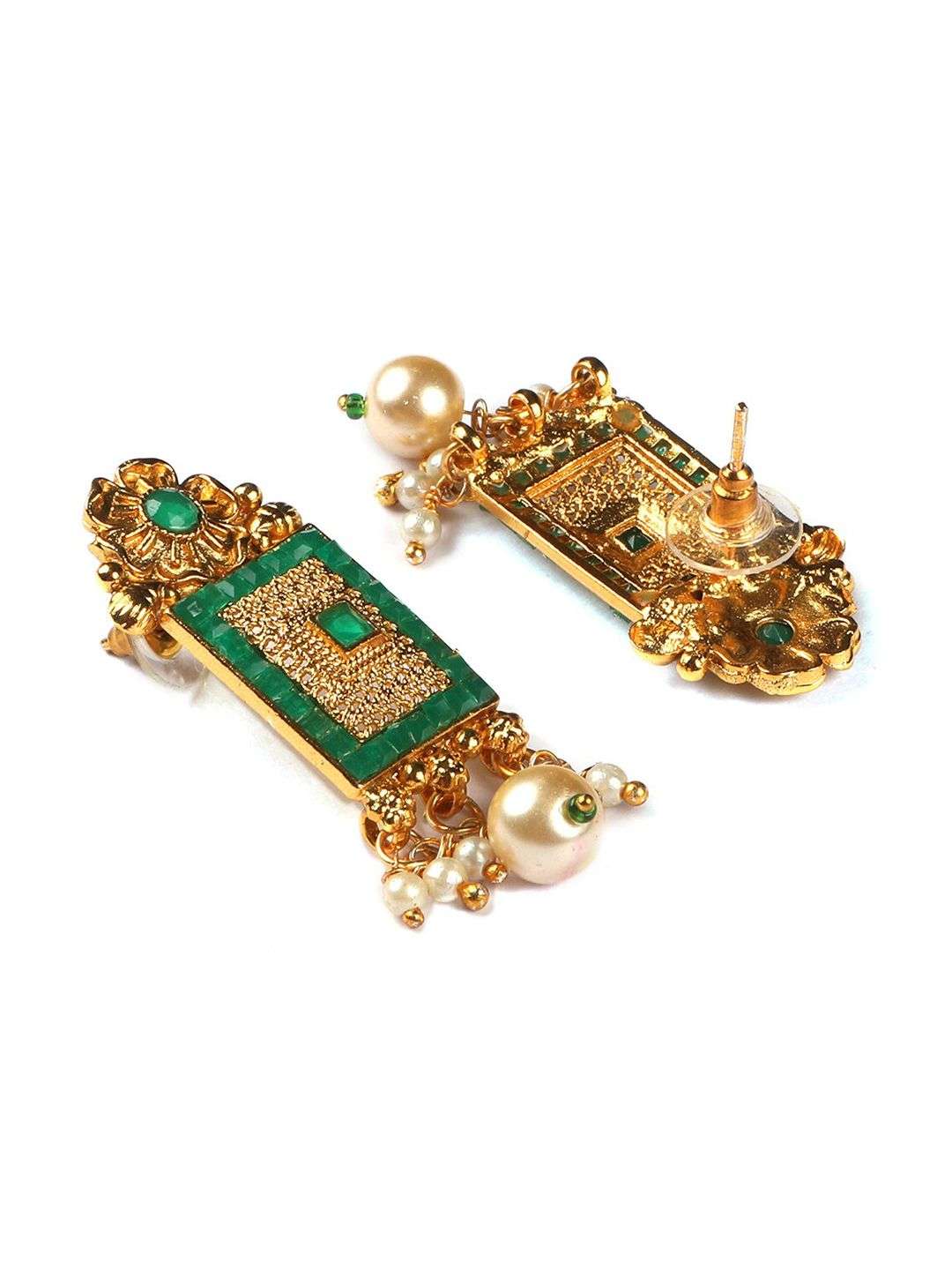 Gold Plated Green Stone Studded And Beaded Jewellery Set - Indya
