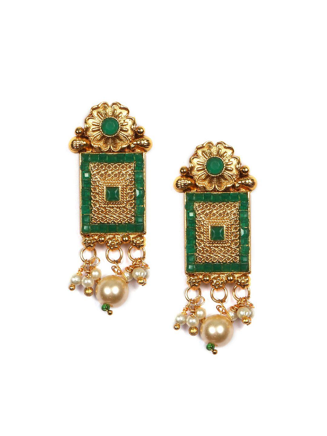 Gold Plated Green Stone Studded And Beaded Jewellery Set