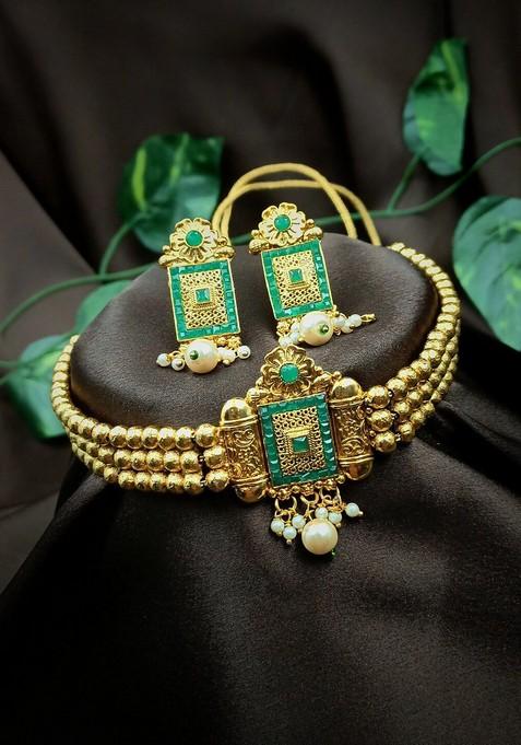 Gold Plated Green Stone Studded And Beaded Jewellery Set