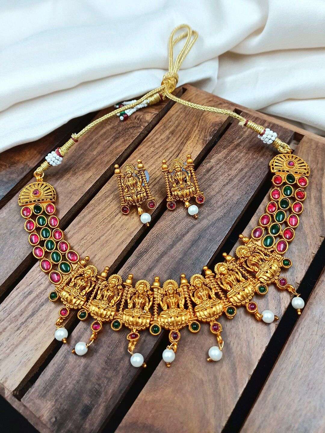 Gold Plated Pink And Green Stone Studded Temple Jewellery Set - Indya