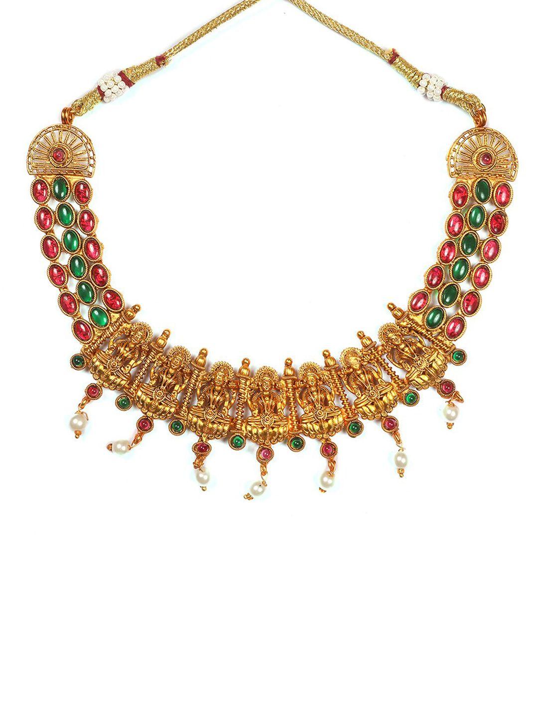 Gold Plated Pink And Green Stone Studded Temple Jewellery Set
