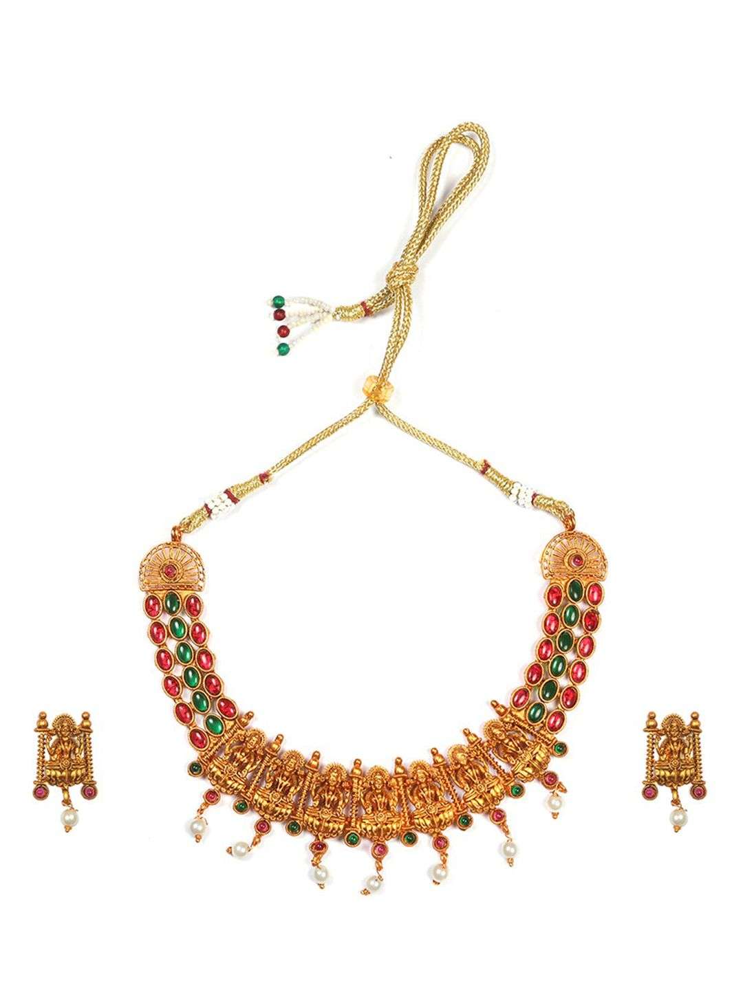 Gold Plated Pink And Green Stone Studded Temple Jewellery Set - Indya