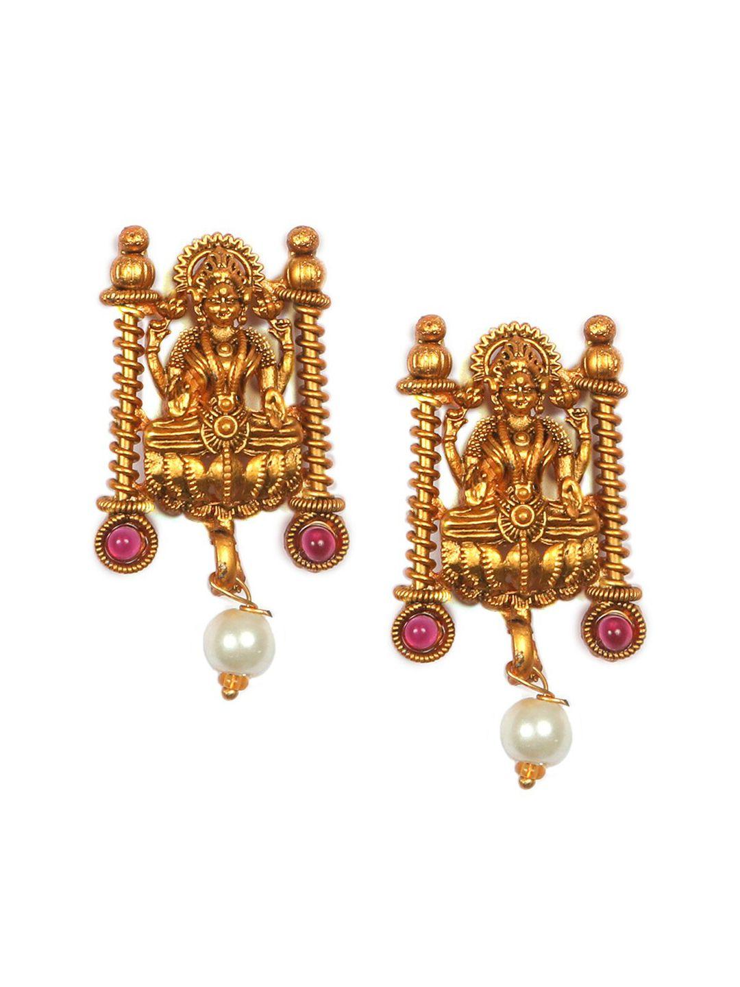 Gold Plated Pink And Green Stone Studded Temple Jewellery Set