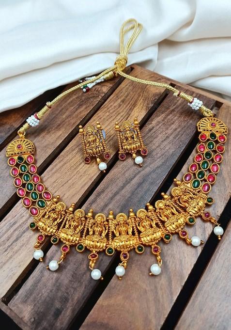 Gold Plated Pink And Green Stone Studded Temple Jewellery Set