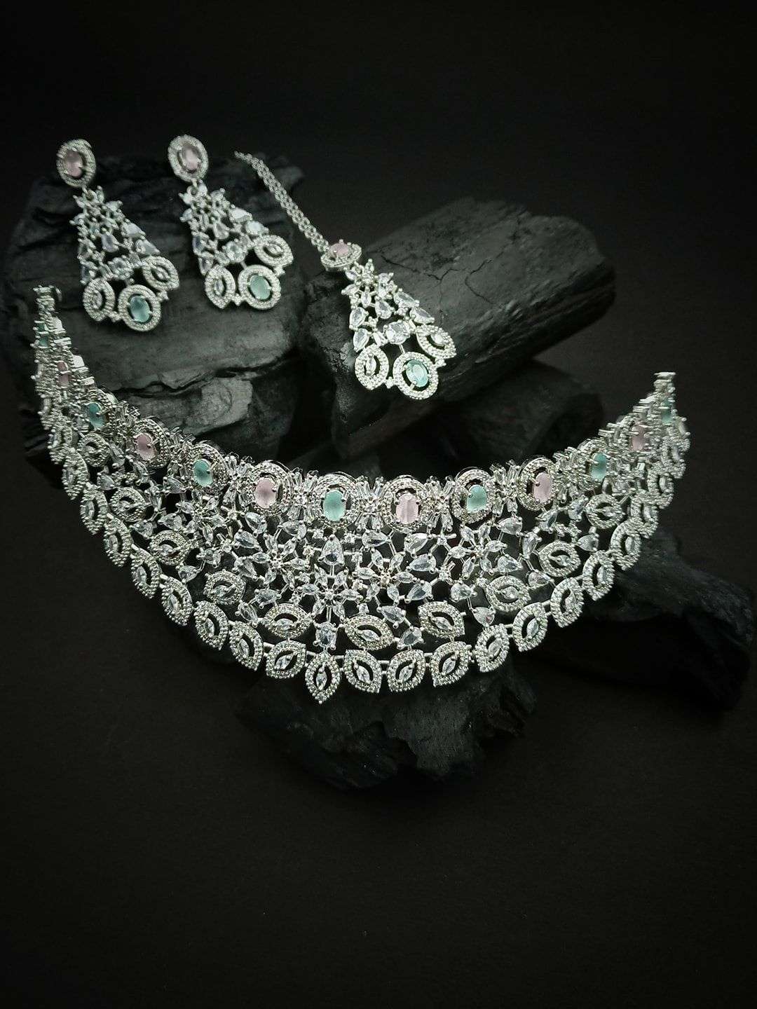 Silver Plated White And Pink Cz Stone Studded Jewellery Set - Indya