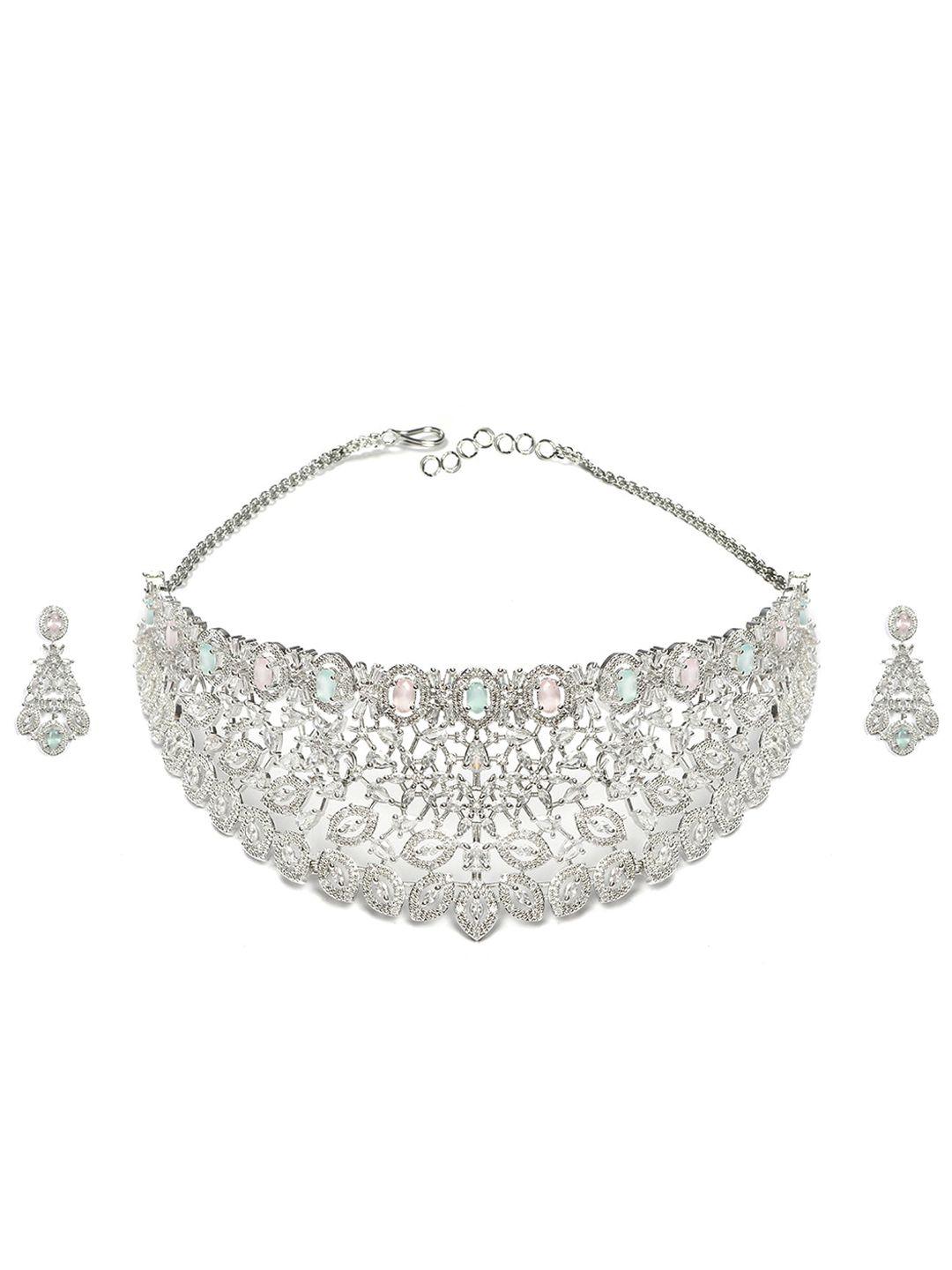 Silver Plated White And Pink Cz Stone Studded Jewellery Set