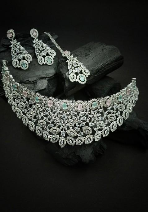 Silver Plated White And Pink Cz Stone Studded Jewellery Set