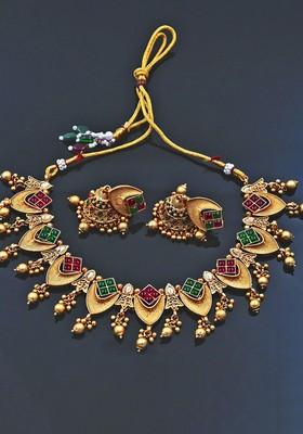 Copper Plated Red And Green Kundan Jewellery Set