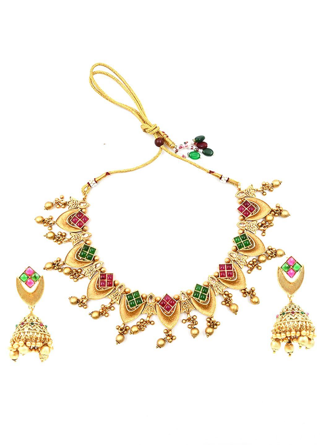 Copper Plated Red And Green Kundan Jewellery Set