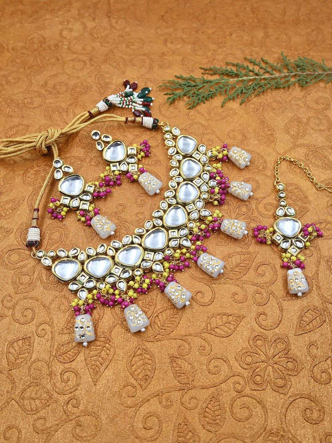 Gold Plated Kundan Studded And Beaded Vilandi Jewellery Set - Indya