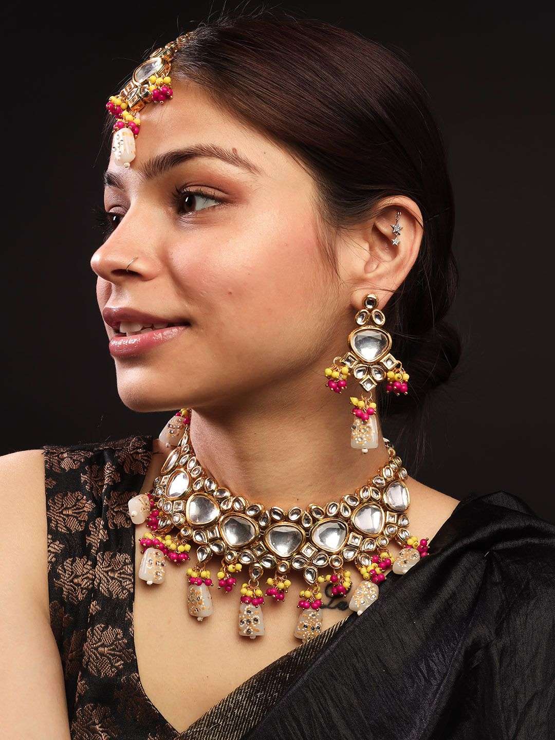 Gold Plated Kundan Studded And Beaded Vilandi Jewellery Set - Indya