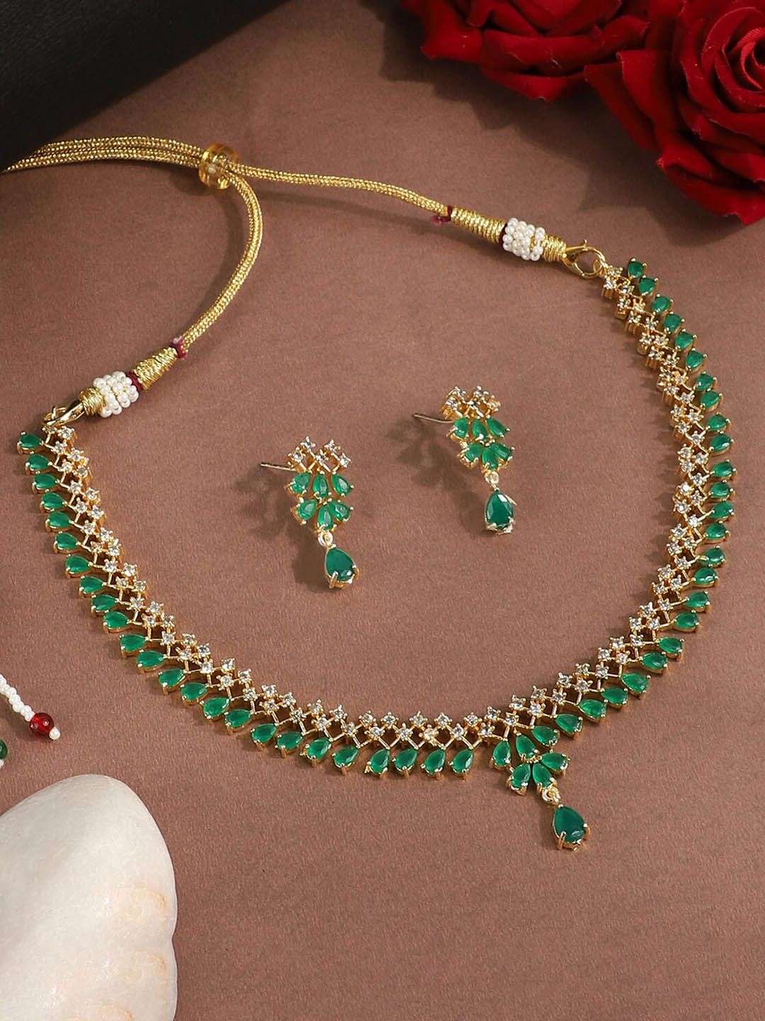 Gold Plated Ad Studded Jewellery Set - Indya