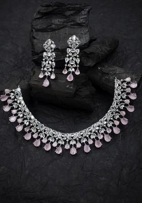 Silver Plated Cz Studded Necklace And Earrings