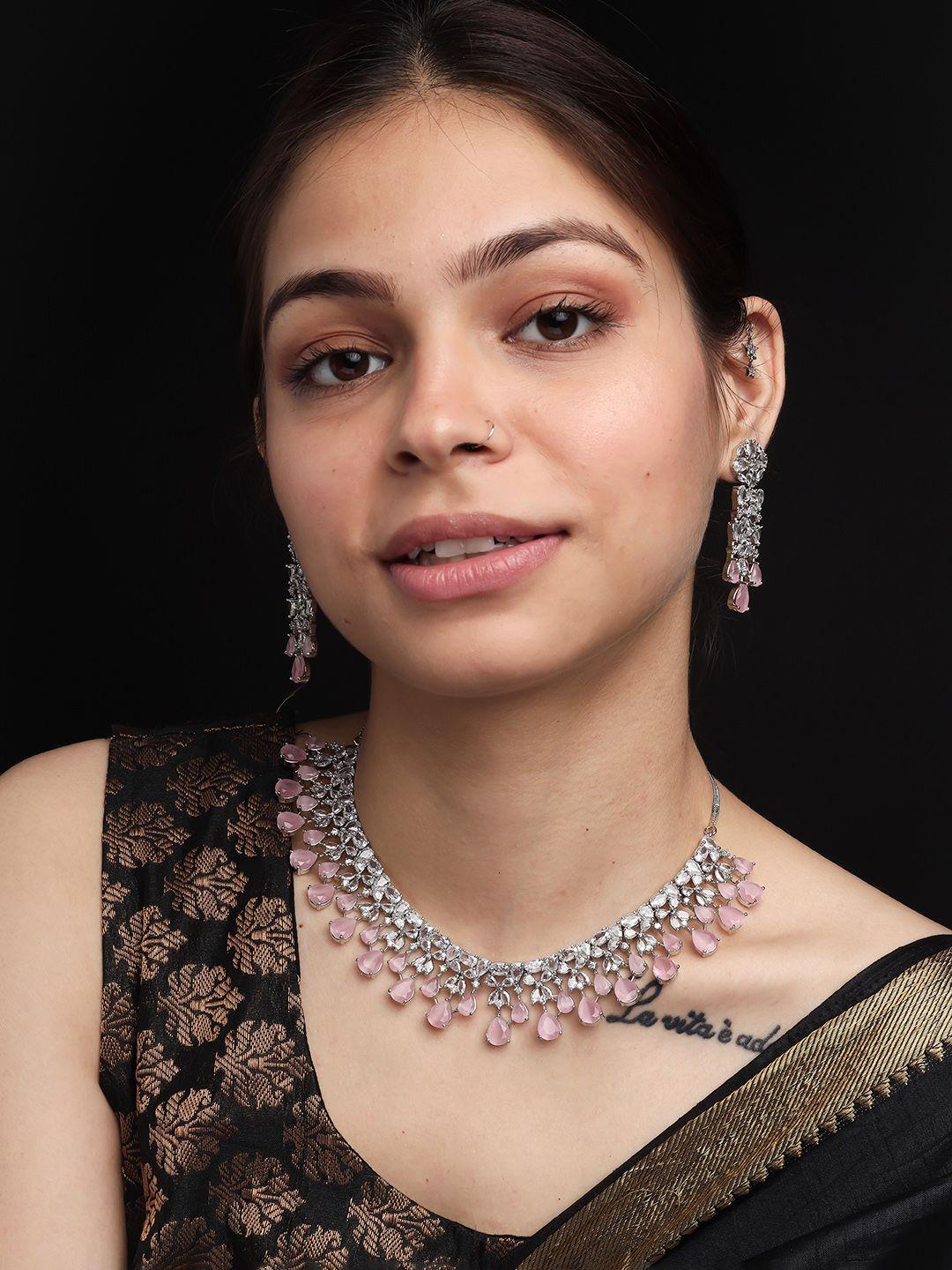 Silver Plated Cz Studded Necklace And Earrings