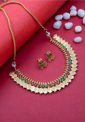Gold Plated Temple Stone Studded Jewellery Set