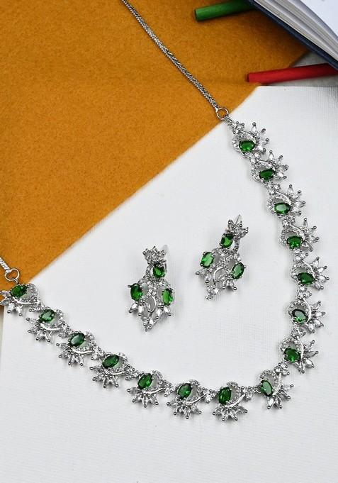 Silver Plated Cz Studded Necklace And Earrings