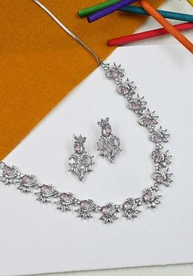 Silver Plated Cz Studded And Beaded Necklace And Earrings