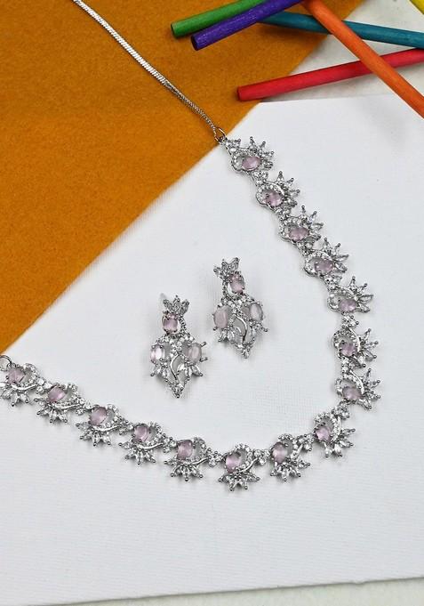 Silver Plated Cz Studded And Beaded Necklace And Earrings