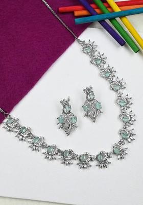 Silver Plated Ad Studded And Beaded Necklace And Earrings