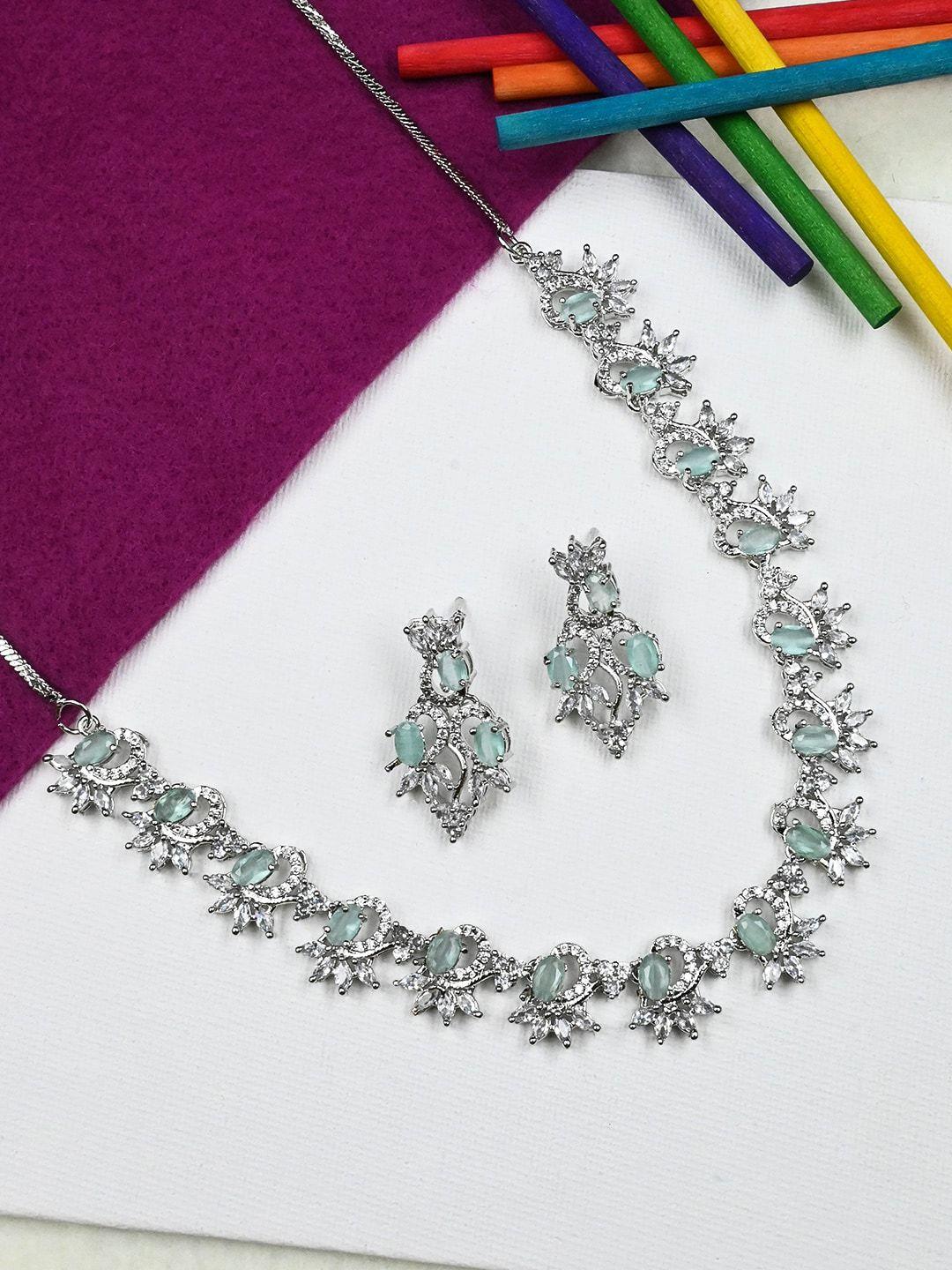 Silver Plated Ad Studded And Beaded Necklace And Earrings