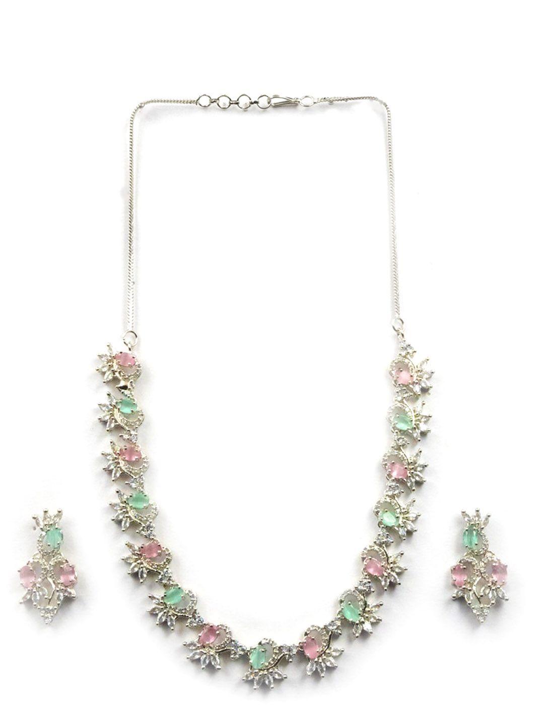 Silver Plated Ad Studded And Beaded Necklace And Earrings