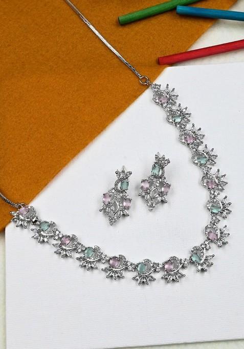 Silver Plated Ad Studded And Beaded Necklace And Earrings