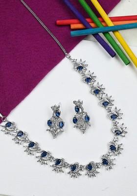 Silver Plated Ad Studded Brass Necklace And Earrings