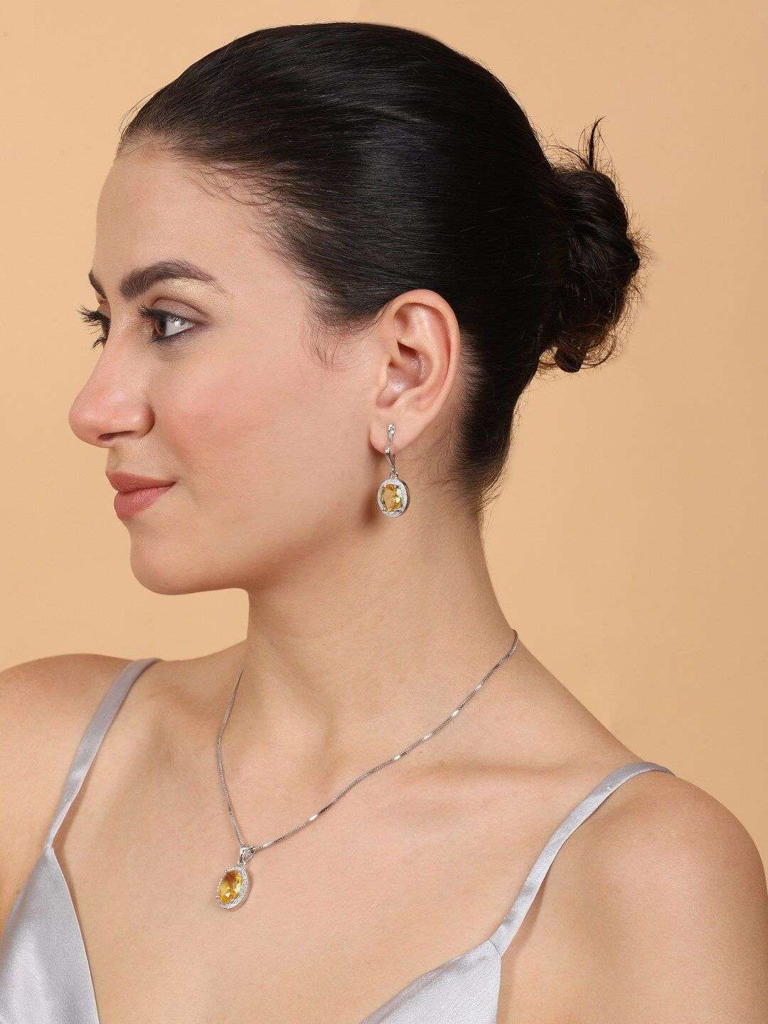 Rhodium Plated Ad Studded Pendant Set - Indya