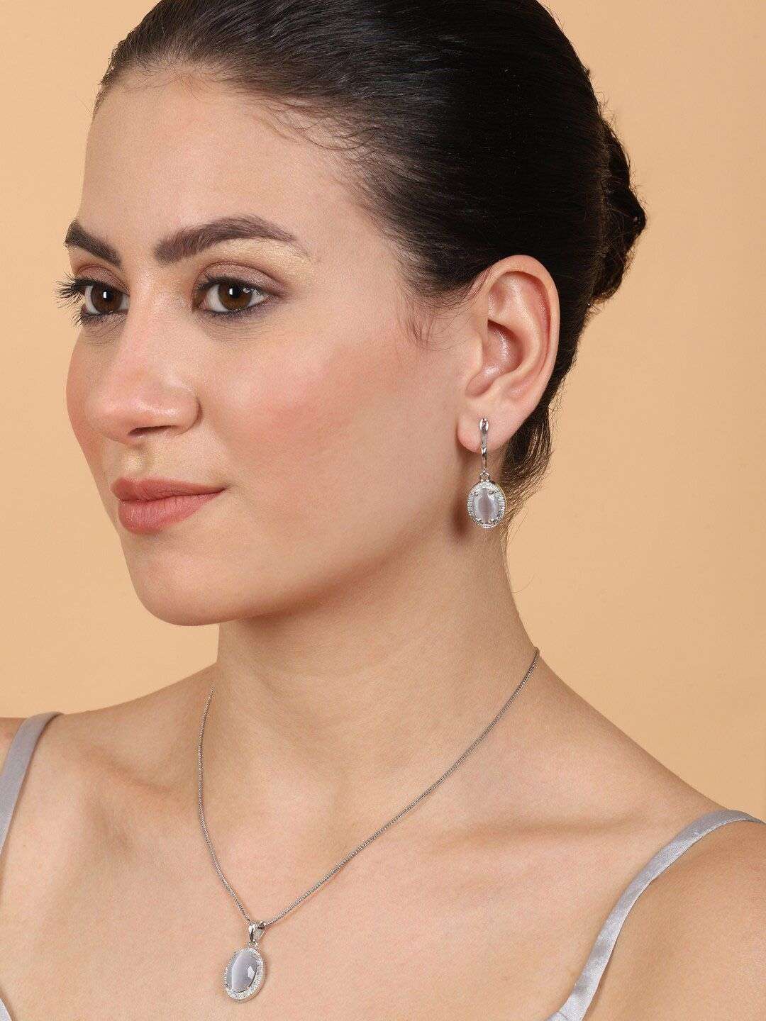 Rhodium Plated Ad Studded Pendant Set - Indya