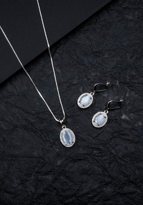 Rhodium Plated Ad Studded Pendant Set