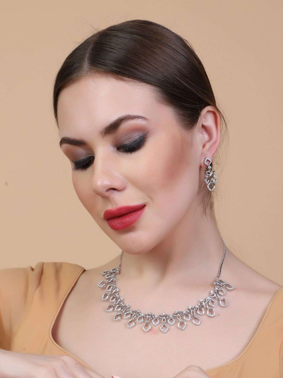 Silver Plated American Diamond Studded Jewellery Set - Indya