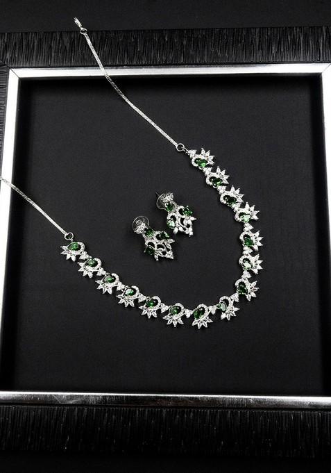 Silver Plated Ad Studded Sleek Necklace And Earrings