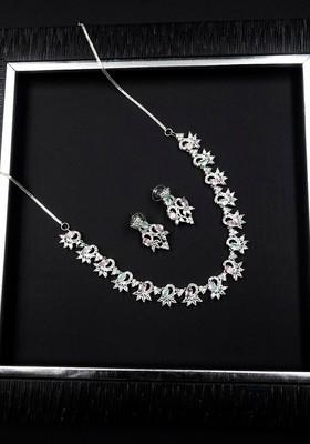 Silver Plated Ad Studded Sleek Necklace And Earrings