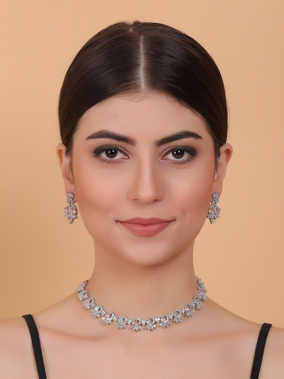 Silver Plated Ad Studded Sleek Necklace And Earrings