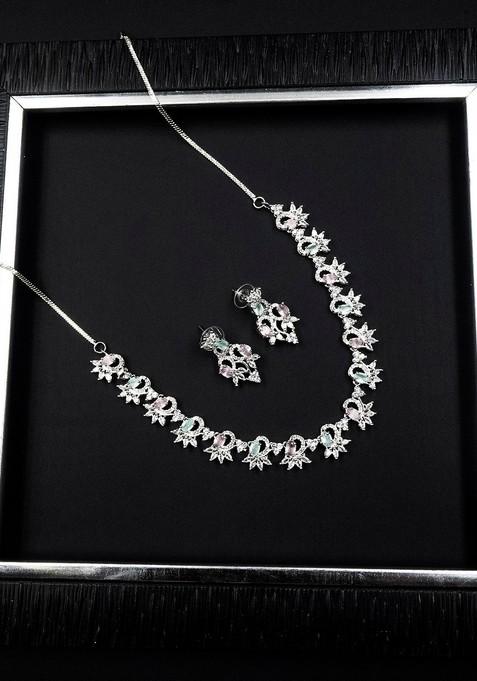 Silver Plated Ad Studded Sleek Necklace And Earrings
