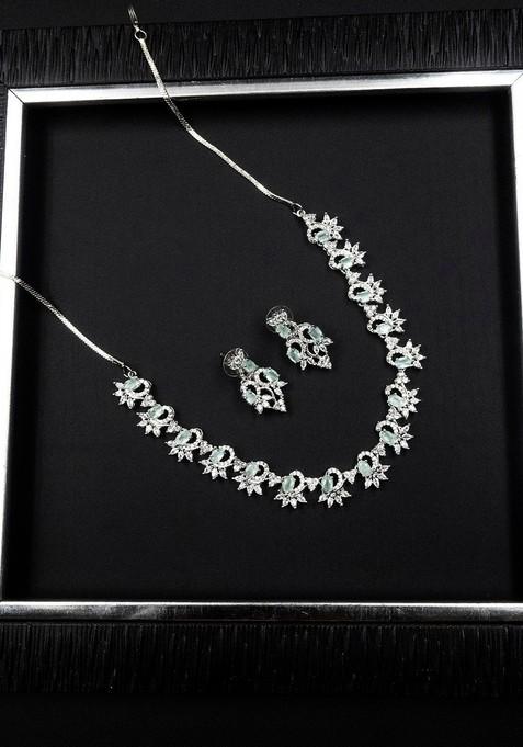 Silver Plated Ad Studded Sleek Necklace And Earrings